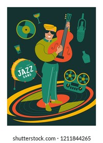 Poster music festival, retro party in the style of the 70's, 80's. Vector illustration with stylish musicians characters. Guy guitarist.