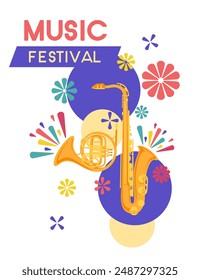 Poster for a music festival with a saxophone in the center, surrounded by colorful flower-like shapes. Abstract colorful pattern design vector illustration isolated on white background