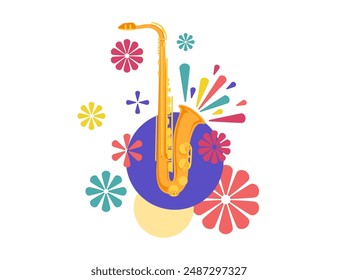 Afiche de un festival de música con un saxofón en el centro, rodeado de coloridas Formas florales. Ilustración vectorial de diseño de patrón colorido Abstractas aislado sobre fondo blanco