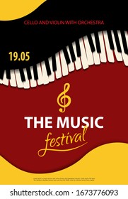 Poster Music festival, vector concept. Style Paper art. Layout brochure with text and with piano keys on red background. Bright vertical banner.