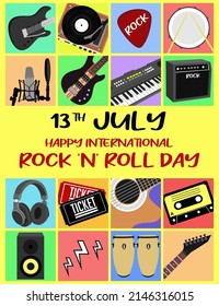 Poster with musical instruments to celebrate International Rock 'n' Roll Day on July 13th