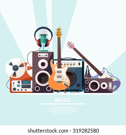 Poster with musical instruments. Flat design.