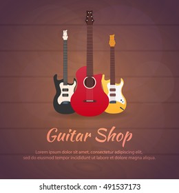 Poster with musical instruments. Guitar shop. Flat design