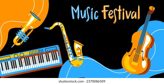 Poster with musical instruments. Jazz, blues and classical music.