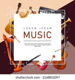 Poster with musical instruments. Jazz music, symphony concert banner. Event flyer classic acoustic orchestra. Festival live sound guitar, harp, synthesizer, violin, trumpet, cello. Vector illustration