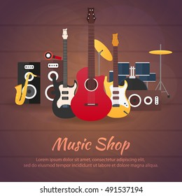 Poster with musical instruments. Music shop. Guitar. Flat design