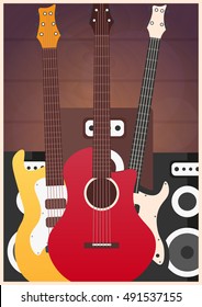 Poster with musical instruments. Music studio. Guitar. Flat design