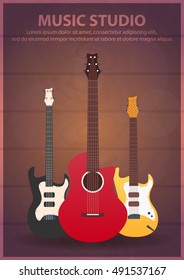 Poster with musical instruments. Music studio. Guitar. Flat design