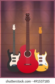 Poster with musical instruments. Music studio. Guitar. Flat design