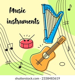 Poster of musical instruments. For social media, event poster, postcard, invitation, cover, banner. Vector illustration EPS10