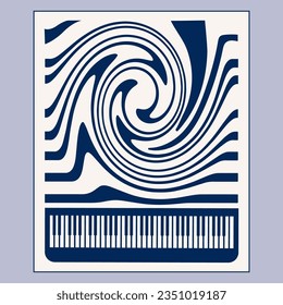 Ein Poster mit musikalischen Schlüsseln in Groovy Stile, für Klavier- oder Klavierkonzerte. Wellendesign. 
dunkelblau und milchig. Grafiken, Minimalismus. Stil der 70er und 60er