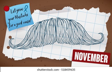 Poster with a mustache drawn in a tear paper, a loose-leaf calendar of November and a little message inviting you to grow the beard for men's health campaign over a wooden board.