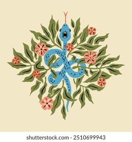 Poster with mystic floral snake with third eye. Spiritual magical serpent in flowers and leaves. Chinese New Year 2025 symbol