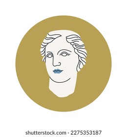 Afiche con la cabeza de un héroe mitológico en mármol. El estilo de la escultura griega o romana de antaño. Ilustración vectorial dibujada a mano aislada en fondo blanco. Concepto de museo y arte.