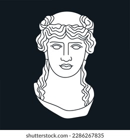 Poster with a mythological hero's head in marble. Ancient Greek or Roman sculpture style. Hand drawn vector illustration isolated on black background. Museum and art concept.