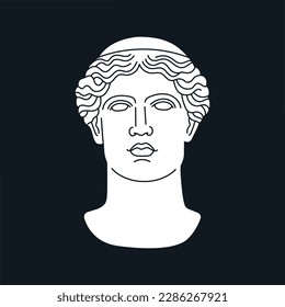 Poster with a mythological hero's head in marble. Ancient Greek or Roman sculpture style. Hand drawn vector illustration isolated on black background. Museum and art concept.