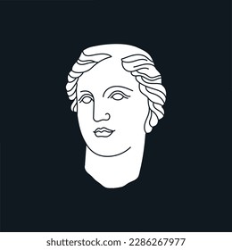 Poster with a mythological hero's head in marble. Ancient Greek or Roman sculpture style. Hand drawn vector illustration isolated on black background. Museum and art concept.