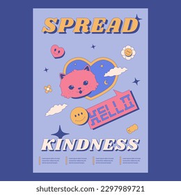 Poster in naive Korean style with a smiling cat, heart and flowers. Flyer design for a party, festival, event. Print for a T-shirt.