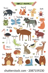 Poster Naive Woodland Forest Animals Hand Drawn Creatures In Vector Illustration For Nursery Room