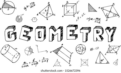 Poster with the name of the school subject geometry in English. The inscription "geometry" in the style of doodling with icons on a white background. School subjects plaque. Writing on the blackboard,