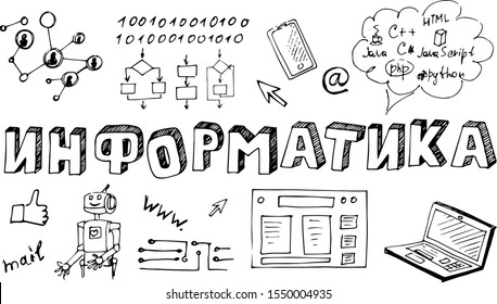 Poster with the name of the school subject Informatics in Russian Cyrillic. The inscription "Informatics" in the style of Doodle with icons on a white background. School subjects plaques.