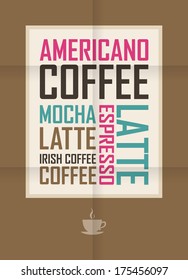The poster with the names of coffee drinks. Font background Typographic composition 