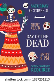 Poster for national mexican holiday Day of the dead with female skeleton in ornamented dress with flower and sugar skulls. Flat vector cartoon illustration of party placard for Dia de los muertos