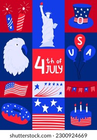 Poster with national symblos of USA independence day. Greeting card for 4th of July. Eagle, flag, donut, hat. Patriotic elements in rectangular shapes. Flat cartoon style. Bright Vector illustration