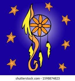 Poster Native American, dreamcatcher and stars on a blue background. Hand-drawn. Stock vector illustration.