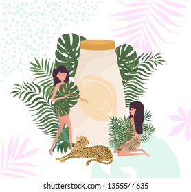 Poster of natural organic cosmetic products with giant tube for skin care, tropical leaves, beauriful woman and leopard. Editable vector illustration