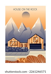 Poster with nature landscape and house. Building in style of modern architecture surrounded by ice cliffs. Design element for cover. Cartoon flat vector illustration isolated on white background