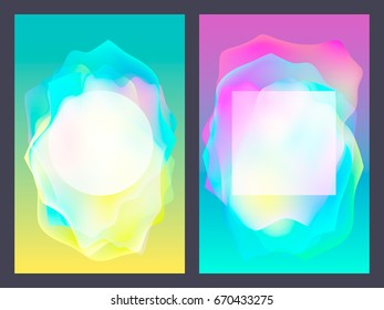 Poster with neon flat geometric pattern. Holographic colorful graphic backgrounds. Retro banner, flyer, leaflet, poster. Vector template