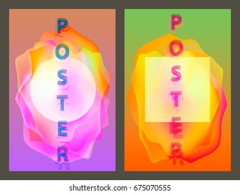 Poster with neon flat geometric pattern. Holographic colorful graphic backgrounds. Retro banner, flyer, leaflet, poster. Vector template