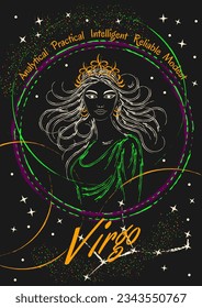 Poster with neon green outline illustration of zodiac sign Virgo, character features, traits. Portrait of young beautiful woman of indian ethnicity with direct look, flowing hair. Grunge style