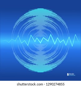 Poster of the neon sound wave design. Vector abstract music background with dynamic waves on blue