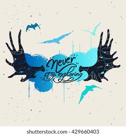 Poster "Never stop exploring" with abstract deer horn silhouette and bird logo / label / tattoo