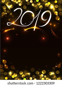 Poster for new 2019 with magical goldan lights and calligraphic inscription. Possible to create holiday cards, invitations or banners.