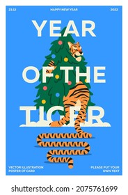Afiche del Nuevo 2022. Ilustración vectorial del año del tigre. Imagen del año nuevo para un afiche, fondo o tarjeta. Imagen de estilo desgarrado por el calendario de China Oriental