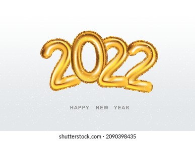 Poster New Year 2022 with golden balloons foil on white background with snow. Holiday Xmas and Happy New Year poster. 2022 Merry Christmas with 3D realistic Golden Numbers on snow. Vector