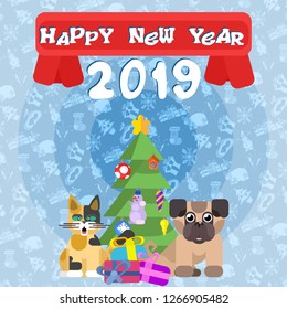 poster for the new year. cat with a dog near the New Year tree. stock image vector