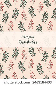 Poster, New Year and Christmas card template with winter seamless pattern of branches, Christmas trees and red berries on background. Vector