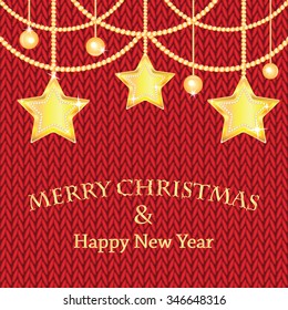  Poster for  New Year with  Christmas decorations on the knitted background.Happy new year background with Christmas bauble and stars