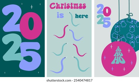 Poster for the New Year. Christmas tree, star, toys, snake, 2025, symbol of the year. Trendy flat style. Cute vector poster for postcard, flyer, banner