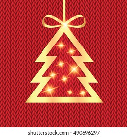 Poster for New Year with Christmas tree on the knitted background.Happy New Year background with Christmas tree