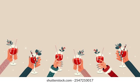 Poster for the new year. Hand holds a glass with a festive drink, decorated with a spruce branch, viburnum berries and straw. Cute vector poster for a postcard, banner, vector