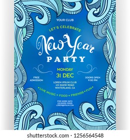 Poster for New Year party. Blue colors vector invitation flyer with decorative border. Vertical banner for holiday event template design. Customized text and abstract details.