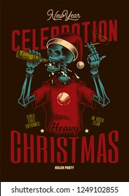 Poster of the new year party with an illustration of the skeleton of Santa Claus. Vector illustration.