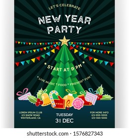 Poster for New Year party with invitational text and many celebration attributes. Flyer with abstract striped black background, Green pine tree, bright flags, garlands, gifts. Vector template.
