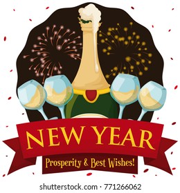 Poster with New Year scene: frothy champagne bottle, wineglasses and fireworks display under a confetti shower.