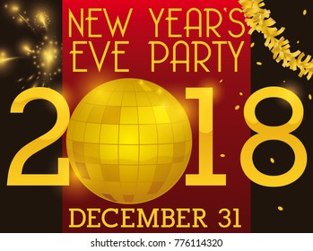 Poster for New Year's eve party with golden disco ball, garland and fireworks display in the background for the upcoming 2018 year.